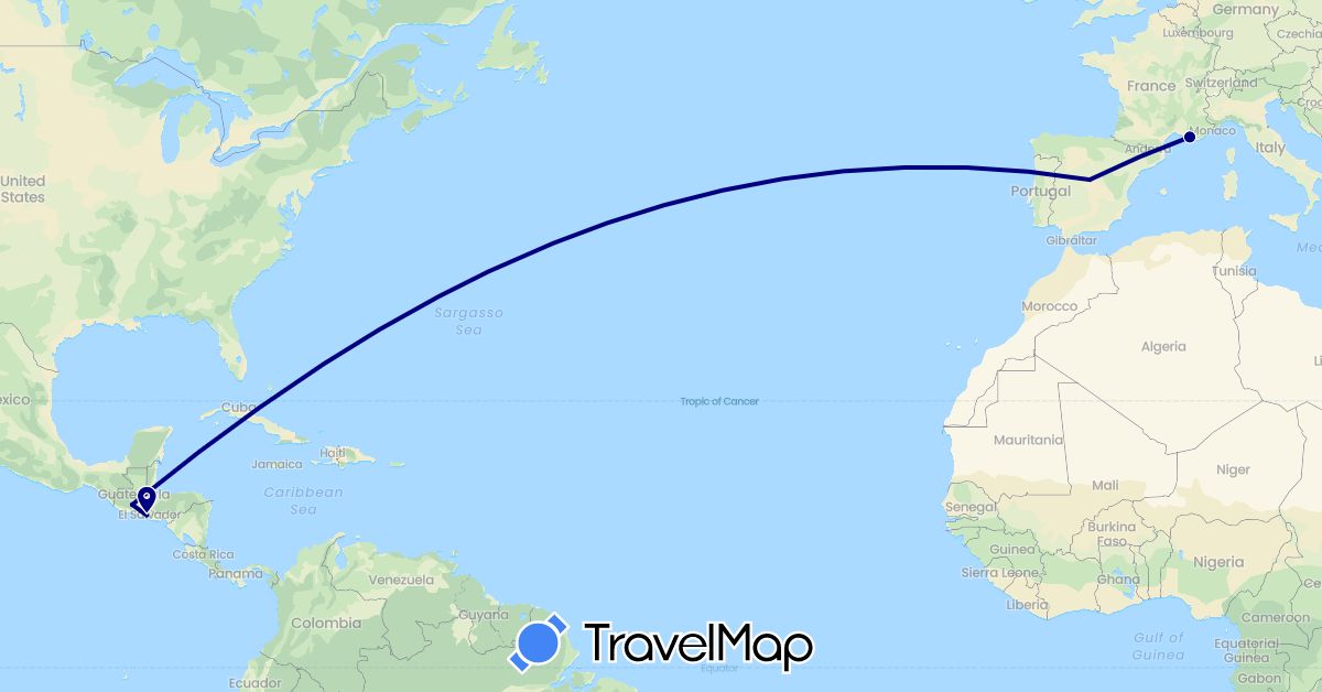 TravelMap itinerary: driving in Spain, France, Guatemala, El Salvador (Europe, North America)